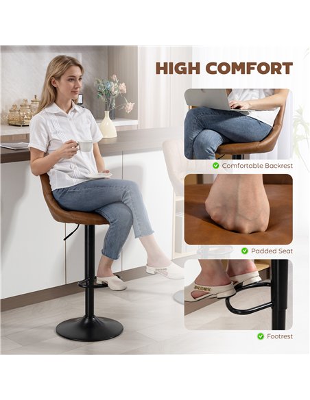 HOMCOM Bar Stools Set of 2, PU Leather Swivel Barstools with Backrest and Footrest for Kitchen, Counter, Breakfast Bar, Brown - pic 183933 | FastDaddyshop
