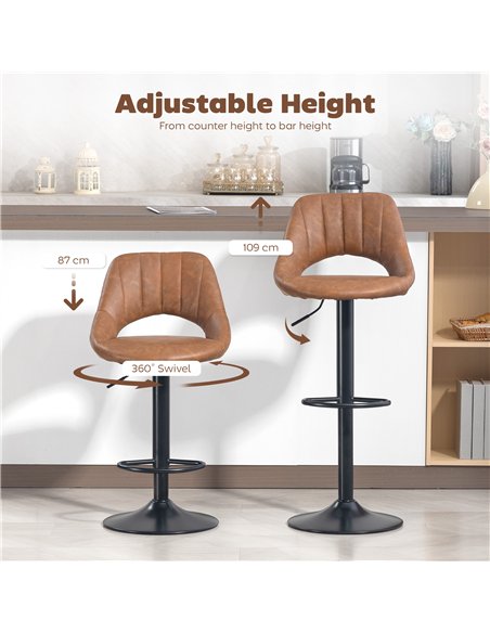 HOMCOM Bar Stools Set of 2, PU Leather Swivel Barstools with Backrest and Footrest for Kitchen, Counter, Breakfast Bar, Brown - pic 183934 | FastDaddyshop