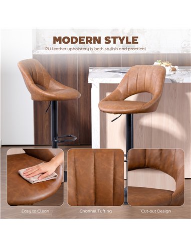 HOMCOM Bar Stools Set of 2, PU Leather Swivel Barstools with Backrest and Footrest for Kitchen, Counter, Breakfast Bar, Brown