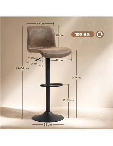 HOMCOM Bar Stools Set of 2, PU Leather Barstools with Backrest and Footrest for Kitchen, Counter, Breakfast Bar, Brown