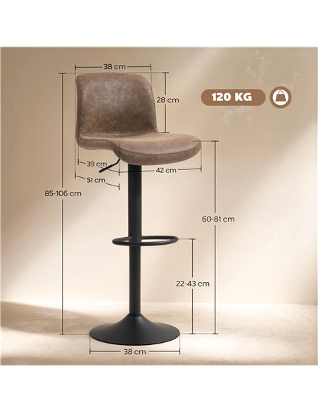 HOMCOM Bar Stools Set of 2, PU Leather Barstools with Backrest and Footrest for Kitchen, Counter, Breakfast Bar, Brown - pic 183940 | FastDaddyshop