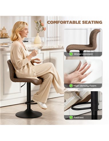 HOMCOM Bar Stools Set of 2, PU Leather Barstools with Backrest and Footrest for Kitchen, Counter, Breakfast Bar, Brown