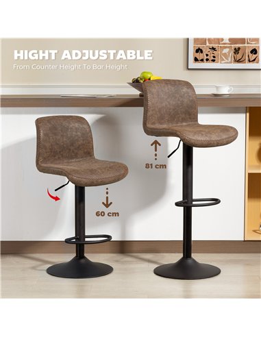 HOMCOM Bar Stools Set of 2, PU Leather Barstools with Backrest and Footrest for Kitchen, Counter, Breakfast Bar, Brown