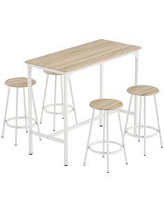 HOMCOM 5 Piece Bar Table Set for 4 with Stools, Metal Frame, Footrest for Kitchen Natural Wood