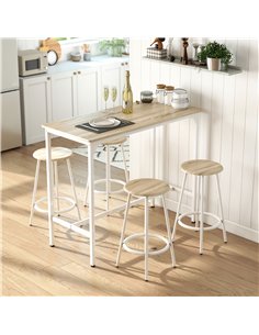 HOMCOM 5 Piece Bar Table Set for 4 with Stools, Metal Frame, Footrest for Kitchen Natural Wood 2