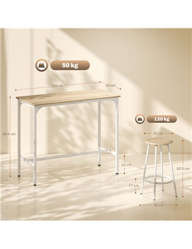 HOMCOM 5 Piece Bar Table Set for 4 with Stools, Metal Frame, Footrest for Kitchen Natural Wood