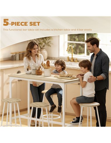 HOMCOM 5 Piece Bar Table Set for 4 with Stools, Metal Frame, Footrest for Kitchen Natural Wood