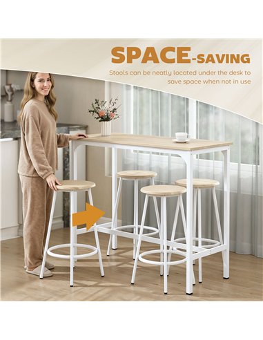 HOMCOM 5 Piece Bar Table Set for 4 with Stools, Metal Frame, Footrest for Kitchen Natural Wood