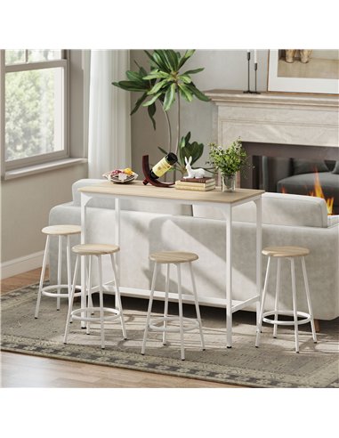 HOMCOM 5 Piece Bar Table Set for 4 with Stools, Metal Frame, Footrest for Kitchen Natural Wood