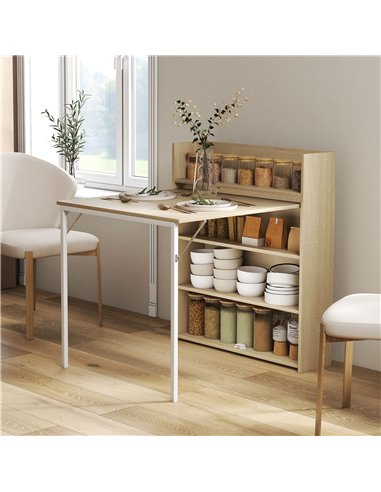HOMCOM Kitchen Table, Folding Dining Table, with 4-Tier Shelves, Modern Drop-Leaf Table, Oak Wood Effect