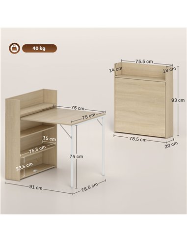 HOMCOM Kitchen Table, Folding Dining Table, with 4-Tier Shelves, Modern Drop-Leaf Table, Oak Wood Effect
