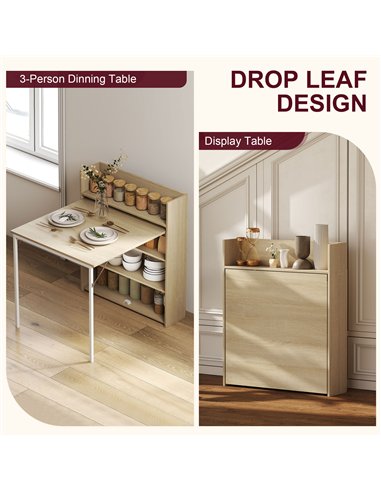HOMCOM Kitchen Table, Folding Dining Table, with 4-Tier Shelves, Modern Drop-Leaf Table, Oak Wood Effect