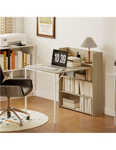 HOMCOM Kitchen Table, Folding Dining Table, with 4-Tier Shelves, Modern Drop-Leaf Table, Oak Wood Effect