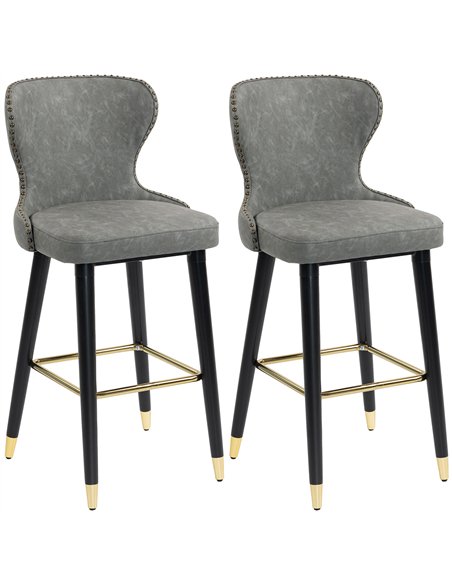 HOMCOM Bar Stools Set of 2, PU Leather Barstools with Back, Footrest and Wood Legs for Kitchen, Counter, Breakfast Bar, Grey - pic 183983 | FastDaddyshop