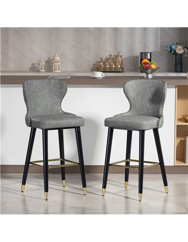 HOMCOM Bar Stools Set of 2, PU Leather Barstools with Back, Footrest and Wood Legs for Kitchen, Counter, Breakfast Bar, Grey