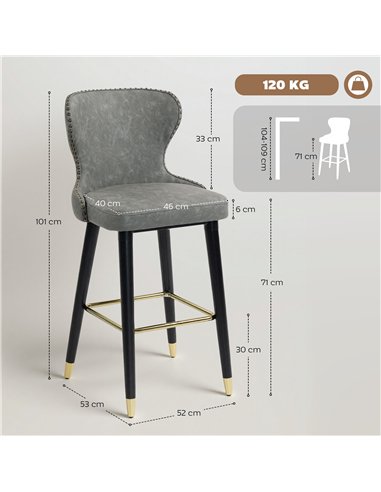 HOMCOM Bar Stools Set of 2, PU Leather Barstools with Back, Footrest and Wood Legs for Kitchen, Counter, Breakfast Bar, Grey