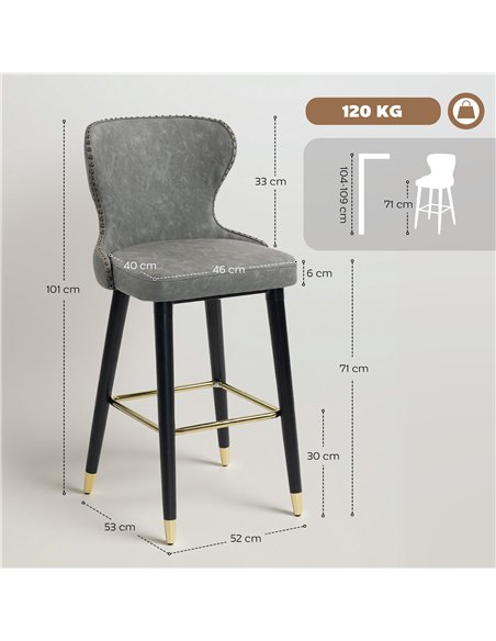 HOMCOM Bar Stools Set of 2, PU Leather Barstools with Back, Footrest and Wood Legs for Kitchen, Counter, Breakfast Bar, Grey - pic 183985 | FastDaddyshop