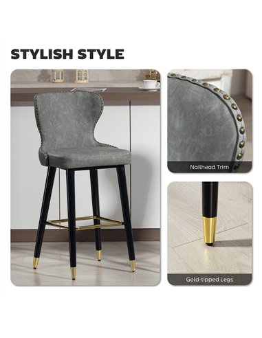 HOMCOM Bar Stools Set of 2, PU Leather Barstools with Back, Footrest and Wood Legs for Kitchen, Counter, Breakfast Bar, Grey