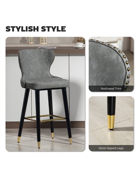 HOMCOM Bar Stools Set of 2, PU Leather Barstools with Back, Footrest and Wood Legs for Kitchen, Counter, Breakfast Bar, Grey - pic 183986 | FastDaddyshop