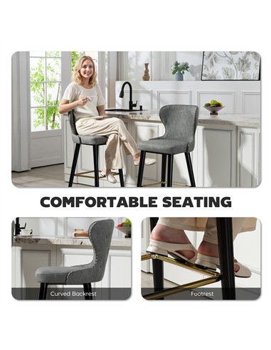 HOMCOM Bar Stools Set of 2, PU Leather Barstools with Back, Footrest and Wood Legs for Kitchen, Counter, Breakfast Bar, Grey