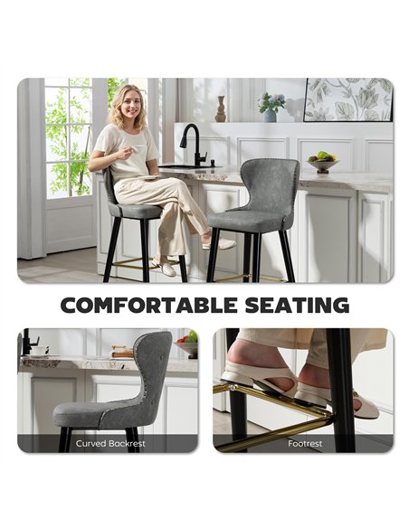 HOMCOM Bar Stools Set of 2, PU Leather Barstools with Back, Footrest and Wood Legs for Kitchen, Counter, Breakfast Bar, Grey - pic 183987 | FastDaddyshop