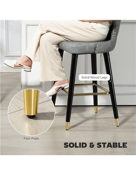 HOMCOM Bar Stools Set of 2, PU Leather Barstools with Back, Footrest and Wood Legs for Kitchen, Counter, Breakfast Bar, Grey - pic 183989 | FastDaddyshop