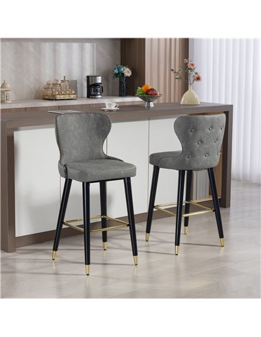 HOMCOM Bar Stools Set of 2, PU Leather Barstools with Back, Footrest and Wood Legs for Kitchen, Counter, Breakfast Bar, Grey
