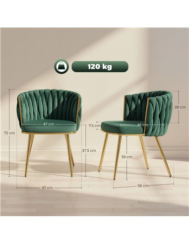 HOMCOM Velvet-Feel Dining Chairs Set of 2, Modern Upholstered Armchair with Knot Design and Golden Metal Legs, Accent Chair for 