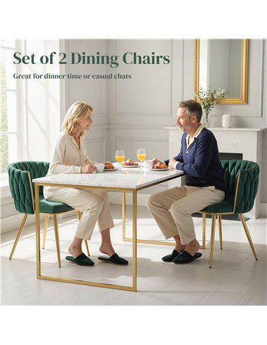 HOMCOM Velvet-Feel Dining Chairs Set of 2, Modern Upholstered Armchair with Knot Design and Golden Metal Legs, Accent Chair for 