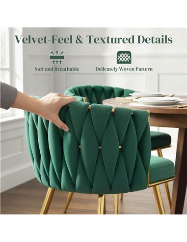 HOMCOM Velvet-Feel Dining Chairs Set of 2, Modern Upholstered Armchair with Knot Design and Golden Metal Legs, Accent Chair for 