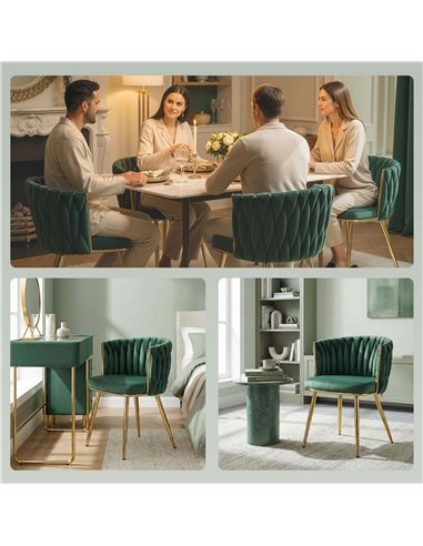 HOMCOM Velvet-Feel Dining Chairs Set of 2, Modern Upholstered Armchair with Knot Design and Golden Metal Legs, Accent Chair for 
