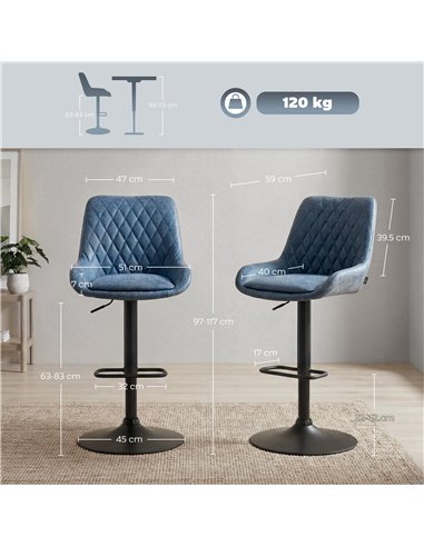 HOMCOM Set of Two Faux Leather Retro Bar Stools - Dark Blue