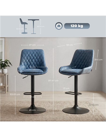 HOMCOM Set of Two Faux Leather Retro Bar Stools - Dark Blue - pic 184021 | FastDaddyshop