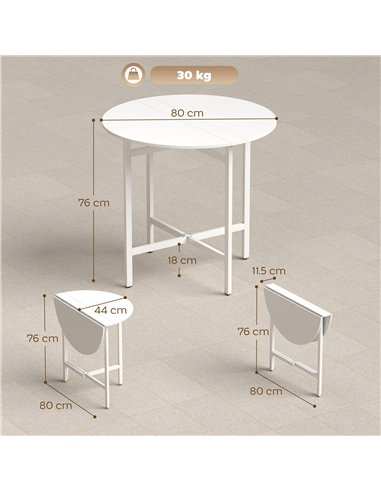 HOMCOM Collapsible Drop Leaf Table, Folding Dining Table for Small Spaces, Extendable Kitchen Table with Steel Frame, White
