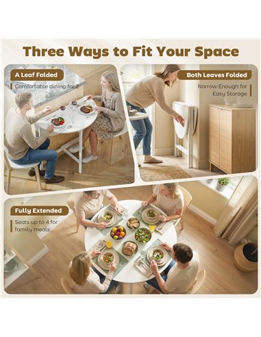 HOMCOM Collapsible Drop Leaf Table, Folding Dining Table for Small Spaces, Extendable Kitchen Table with Steel Frame, White