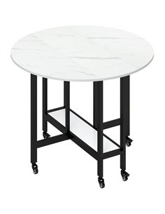 HOMCOM Folding Dining Table, Drop Leaf Table with Open Shelf, Rolling Kitchen Table for Dining Room, Small Spaces, White Marble