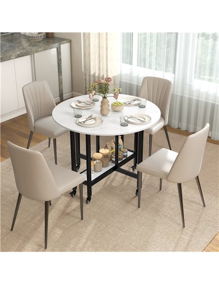 HOMCOM Folding Dining Table, Drop Leaf Table with Open Shelf, Rolling Kitchen Table for Dining Room, Small Spaces, White Marble - pic 184056 | FastDaddyshop