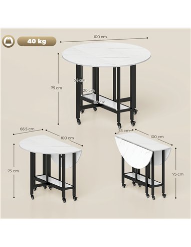 HOMCOM Folding Dining Table, Drop Leaf Table with Open Shelf, Rolling Kitchen Table for Dining Room, Small Spaces, White Marble