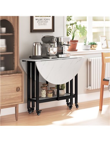 HOMCOM Folding Dining Table, Drop Leaf Table with Open Shelf, Rolling Kitchen Table for Dining Room, Small Spaces, White Marble