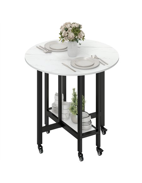 HOMCOM Folding Dining Table, Drop Leaf Table with Open Shelf, Rolling Kitchen Table for Dining Room, Small Spaces, White Marble - pic 184064 | FastDaddyshop
