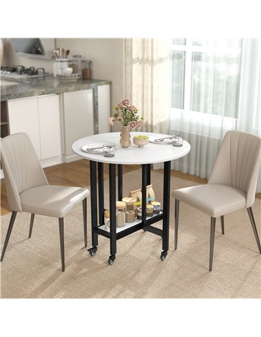 HOMCOM Folding Dining Table, Drop Leaf Table with Open Shelf, Rolling Kitchen Table for Dining Room, Small Spaces, White Marble
