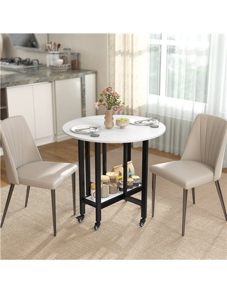 HOMCOM Folding Dining Table, Drop Leaf Table with Open Shelf, Rolling Kitchen Table for Dining Room, Small Spaces, White Marble - pic 184065 | FastDaddyshop