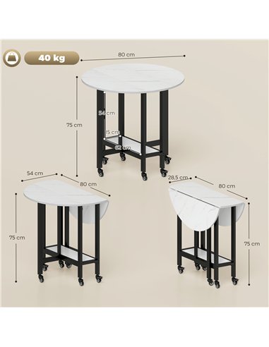 HOMCOM Folding Dining Table, Drop Leaf Table with Open Shelf, Rolling Kitchen Table for Dining Room, Small Spaces, White Marble