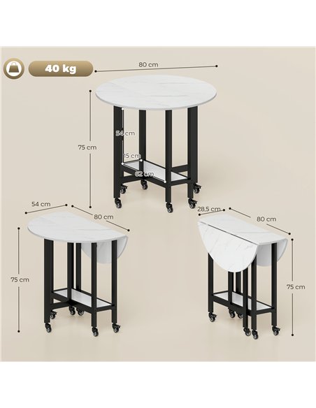 HOMCOM Folding Dining Table, Drop Leaf Table with Open Shelf, Rolling Kitchen Table for Dining Room, Small Spaces, White Marble - pic 184066 | FastDaddyshop