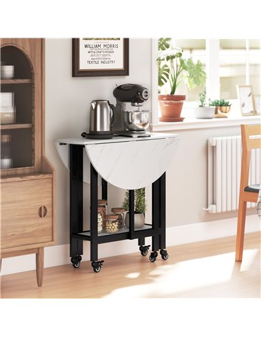 HOMCOM Folding Dining Table, Drop Leaf Table with Open Shelf, Rolling Kitchen Table for Dining Room, Small Spaces, White Marble