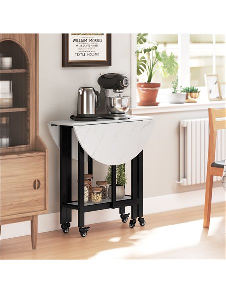 HOMCOM Folding Dining Table, Drop Leaf Table with Open Shelf, Rolling Kitchen Table for Dining Room, Small Spaces, White Marble - pic 184071 | FastDaddyshop