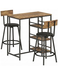 HOMCOM Space Saving Bar Table and PU Leather Stools for 2, 3 Piece Breakfast Bar Table Set with Storage Shelves, Rustic Brown