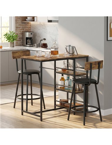 HOMCOM Space Saving Bar Table and PU Leather Stools for 2, 3 Piece Breakfast Bar Table Set with Storage Shelves, Rustic Brown