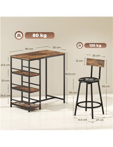 HOMCOM Space Saving Bar Table and PU Leather Stools for 2, 3 Piece Breakfast Bar Table Set with Storage Shelves, Rustic Brown
