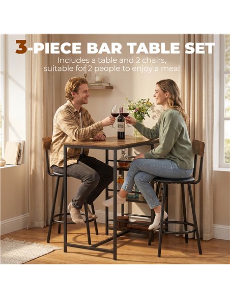 HOMCOM Space Saving Bar Table and PU Leather Stools for 2, 3 Piece Breakfast Bar Table Set with Storage Shelves, Rustic Brown - pic 184076 | FastDaddyshop
